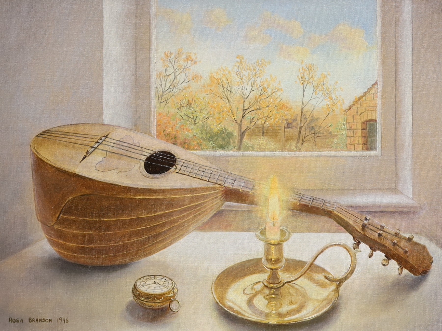 Rosa Branson (b.1933), oil on canvas, Still life of a mandolin, chamberstick and pocket watch, signed and dated 1996, 30 x 40cm